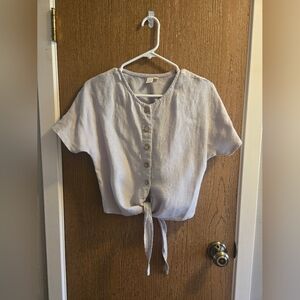 Elegant Purplish Gray Button-Down Tie-Front 100% Europen Linen Shirt